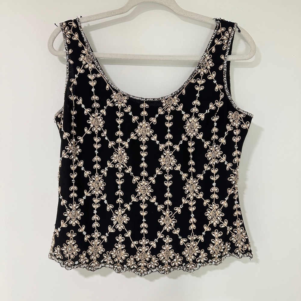 JKara New York Beaded Top Womens L Black Floral Sequin Sleeveless Cocktail Party